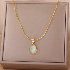 Fashion Stone Opal Oval Necklace For Women Stainless Steel Gold Color Oval Stone Pend alternate view