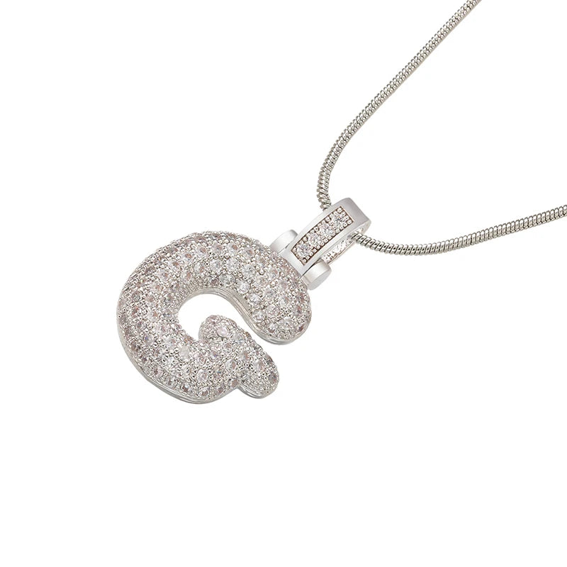Silver Bubble Initial Letter Necklace | Customizable 26 Letters Pendant Jewelry for Wo close-up view