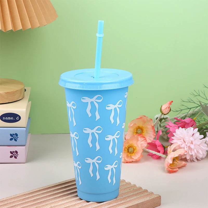 710ml Bow Reusable Party Cups With Straw Lid Coffee Juice Tea Cute Tumbler With Straw Pl detail view