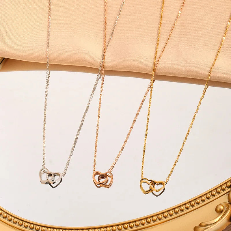 Romantic Double Heart Pendant Necklaces for Women Stainless Steel Charm Choker Neckla alternate view