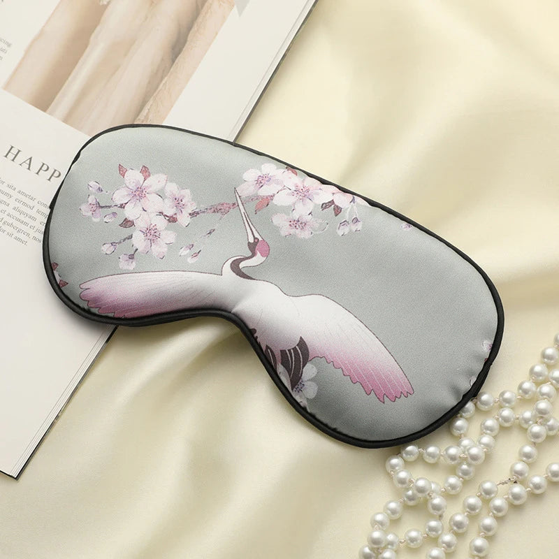 Imitated Silk Sleeping Eye Mask with Crane Print | Adjustable Blindfold for Travel and R detail view