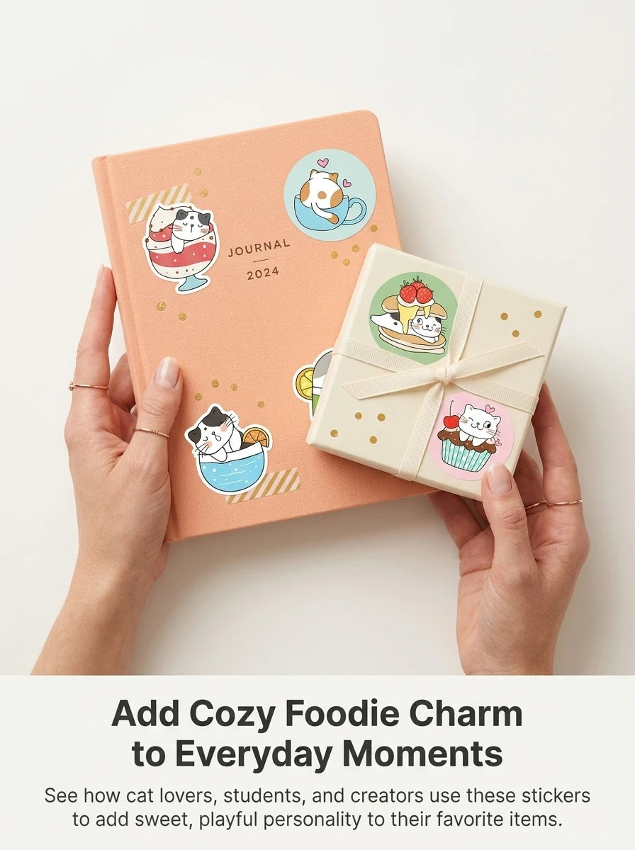 1Roll(500Pcs) Cute Cats in Cup Lovely Animal Stickers | 8 Designs DIY Decal Gift additional angle