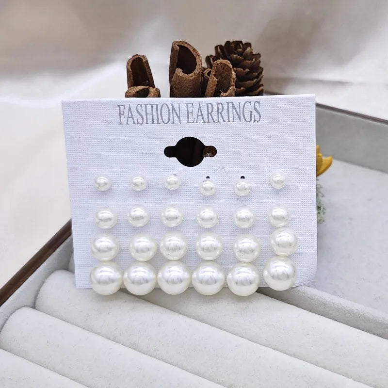 Imitation Pearl Stud Earrings Set, 12 Pairs close-up view