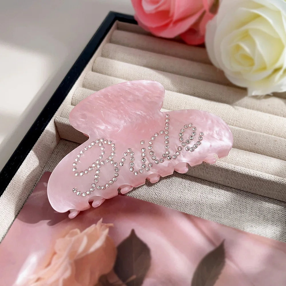 Elegant Shinning Rhinestone Bride Letter Big Acetate Hair Claw Clips for Women White alternate view