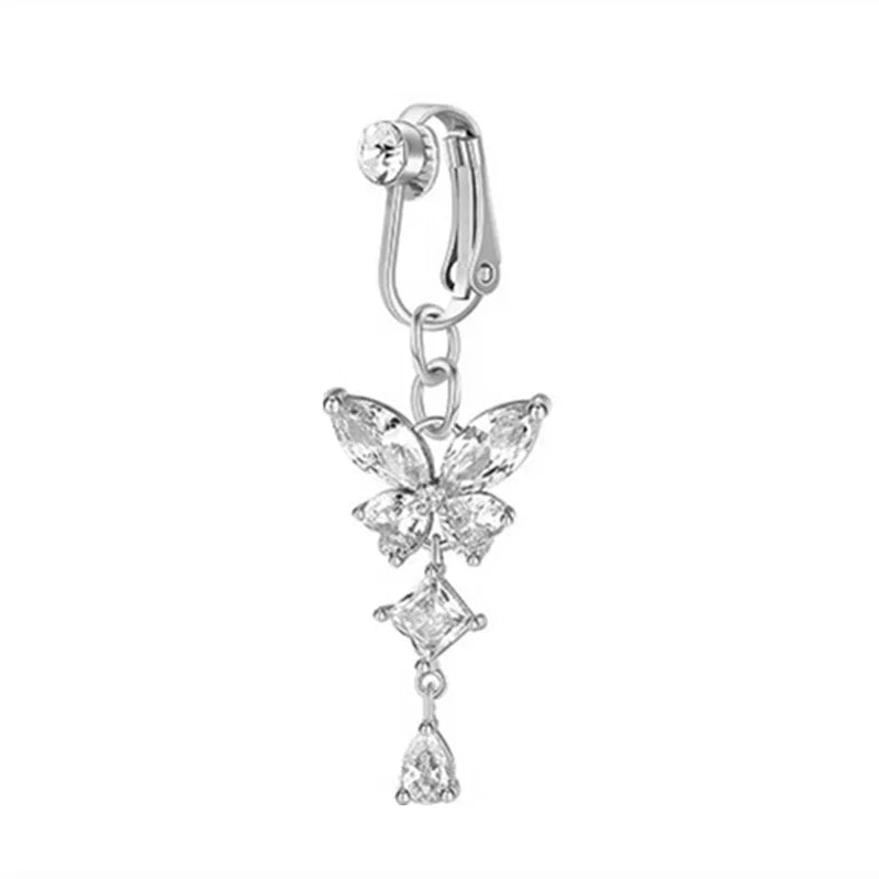 Clip On Belly Button Ring Butterfly Copper Zircon Pink Fake Belly Piercing Umbilical alternate view