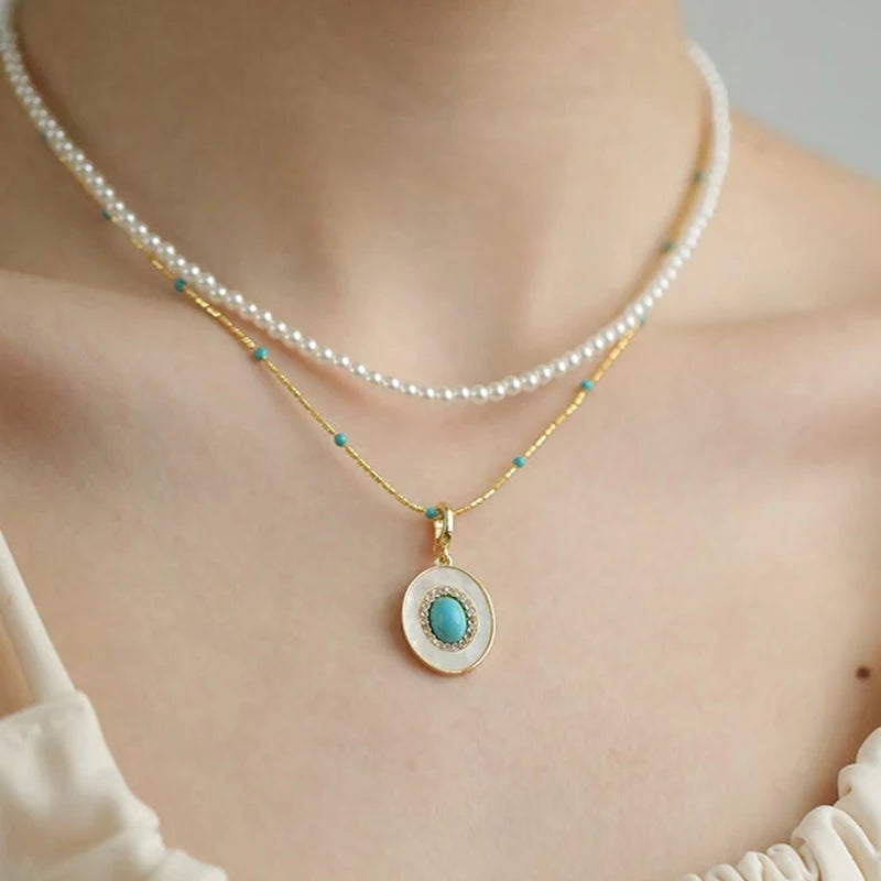 Natural Turquoise Oval Shell Pendant Necklace | Gold Chain Collarbone Jewelry alternate view