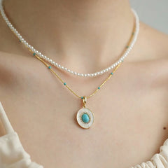 Natural Turquoise Oval Shell Pendant Necklace | Gold Chain Collarbone Jewelry alternate view