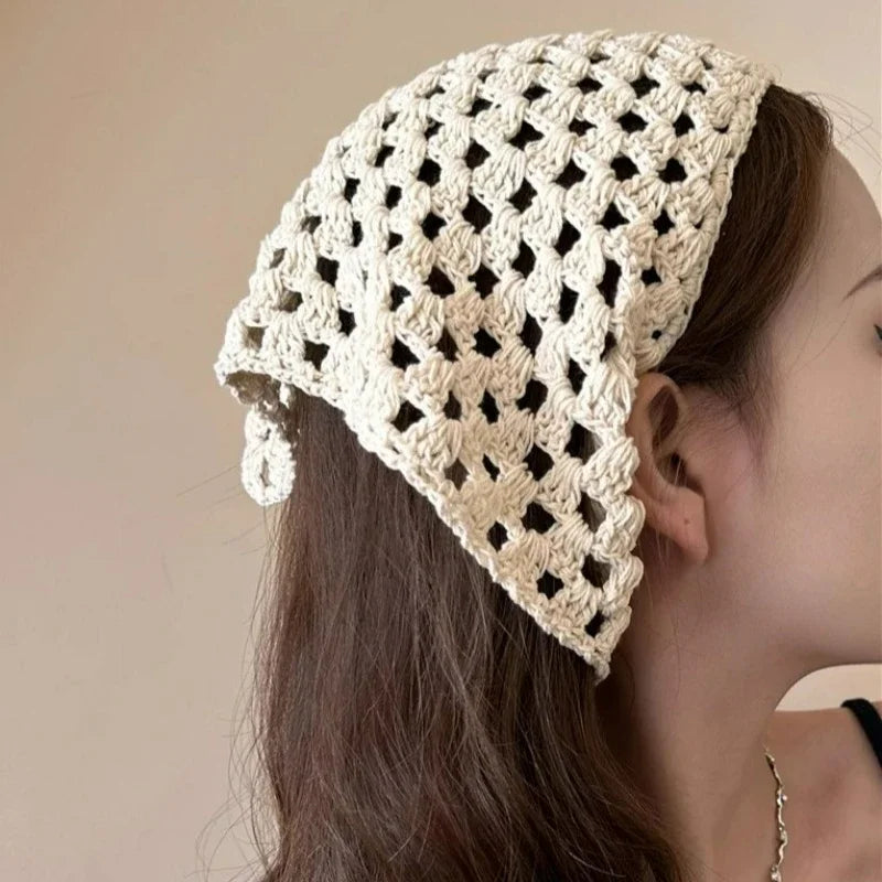 Lace Hollow Out Triangle Hair Scarf Headband Women Girls Cotton Knitted Flower Headba lifestyle view