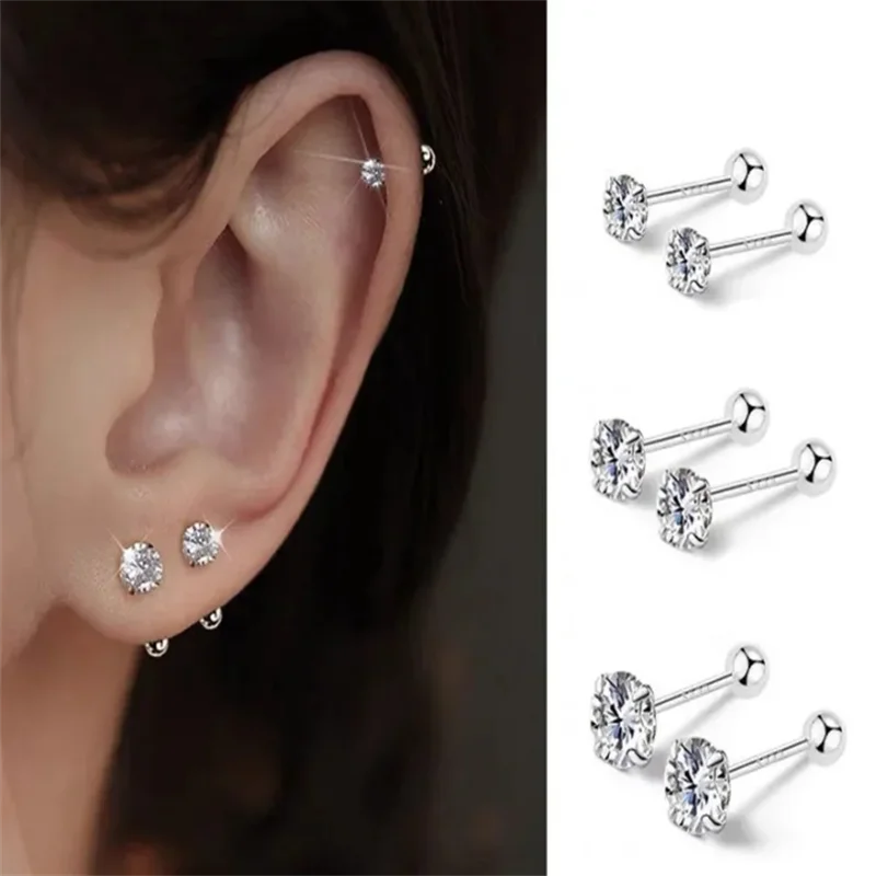 3Pairs Classic Round Zirconia Stud Earrings For Women, Stainless Steel Women's Cart additional angle