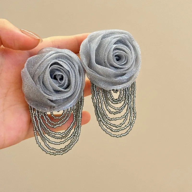 Fairy Mesh Rose Drop Earrings | Handmade Boho Tassel Jewelry alternate view