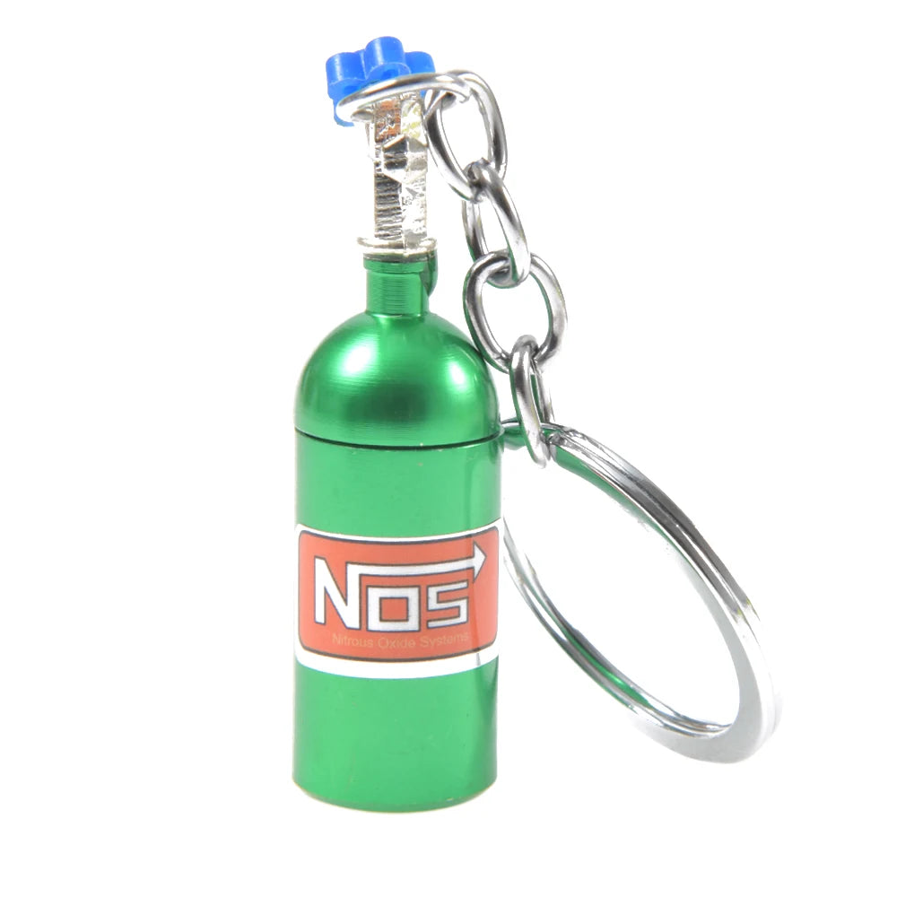 NOS Bottle Keychain Keyring | Metal Pill Box Stash Container for Car Keys detail view