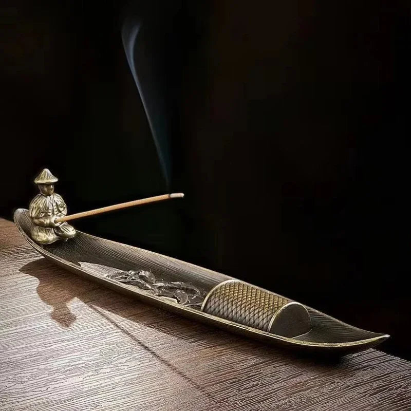 Japanese Style Incense Stick Holder Boat | Old Man Fisherman Metal Incense Burner alternate view