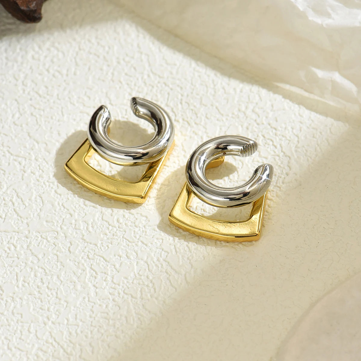 Unique Design Gold Silver Mix Color Geometric Clip Earring Cuff Stainless Steel Squar alternate view