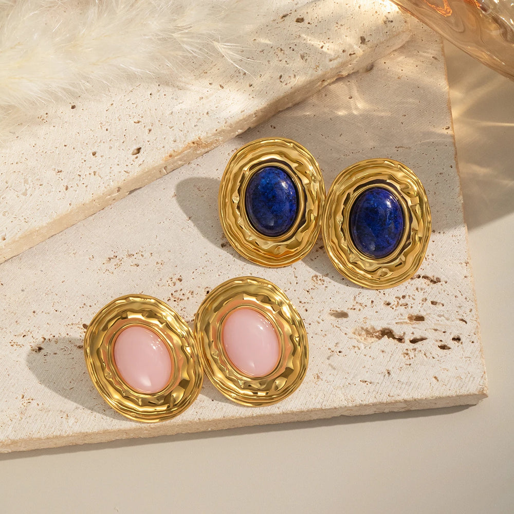 Vintage Oval Stud Earrings | 18K Gold Plated Stainless Steel Natural Stone Jewelry close-up view