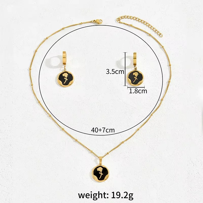 Fashion Gold Plated Jewelry Set - Black Enamel Rose Pendant Necklace and Earrings, Minim detail view