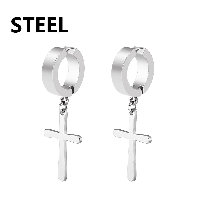 2pc Stainless Steel Men Cross Stars Punk Dangle Earrings Gothic Woman Cross Ear Hoop E close-up view
