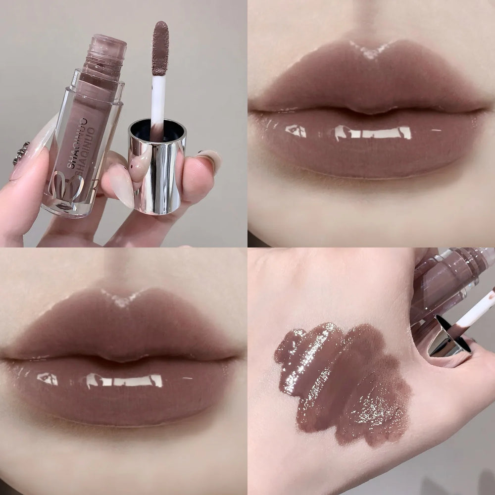 SHAQINUO Water Light Mirror Lip Gloss | Long-Lasting Moisturizing Lip Oil with Pearles close-up view