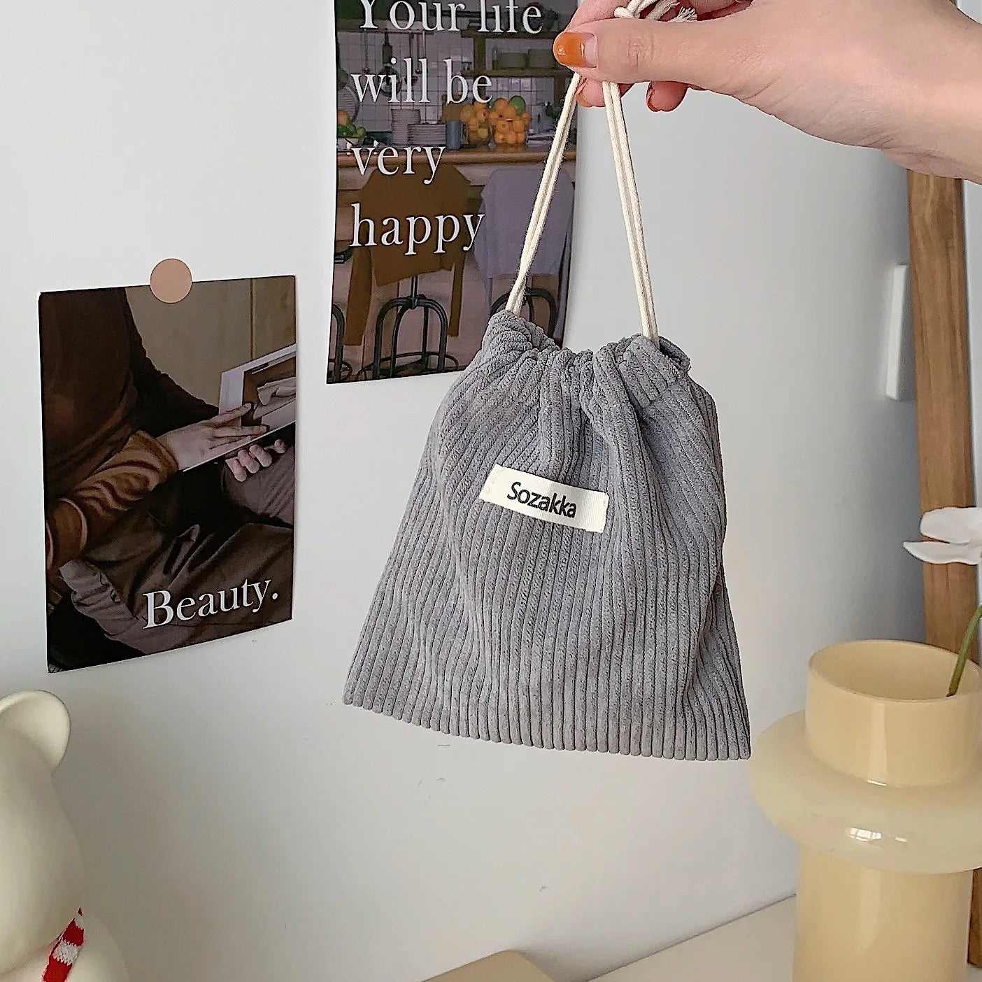 Corduroy Drawstring Pouch | Versatile Storage Bag for Jewelry, Cosmetics, and Small additional angle