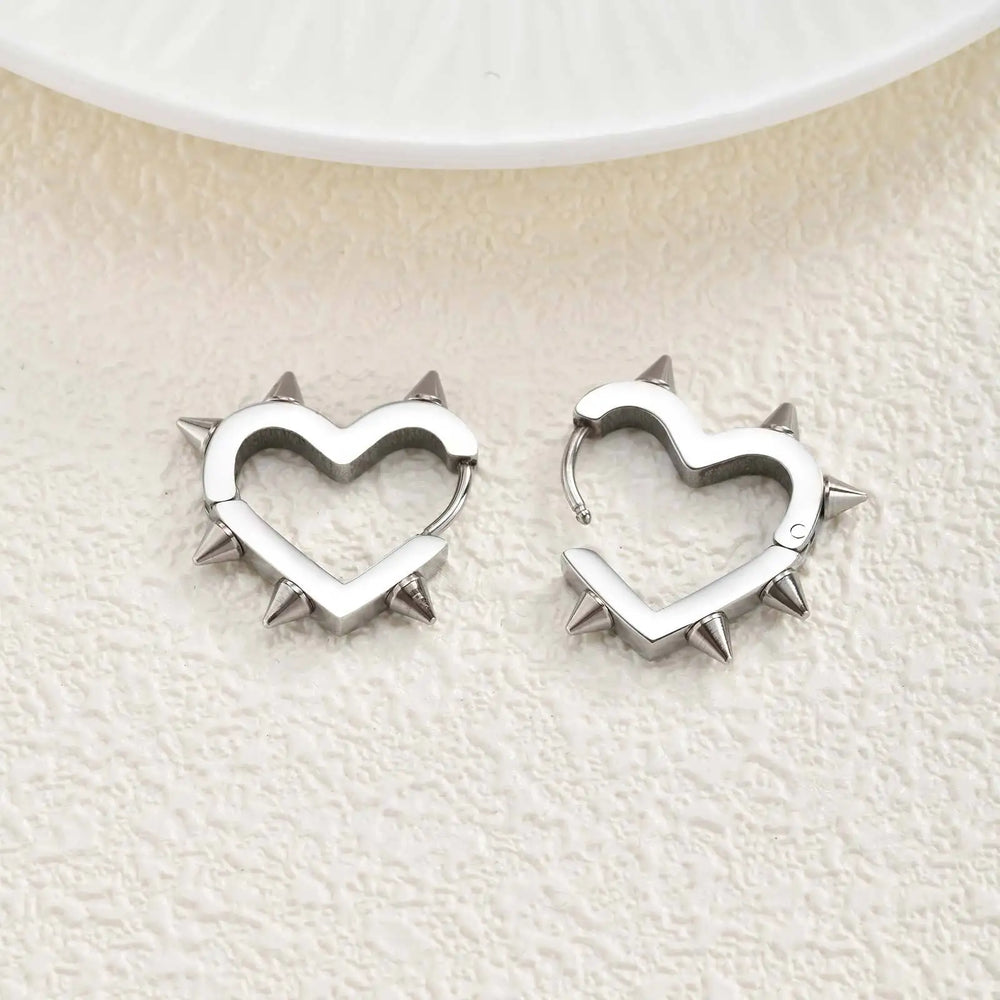 Exaggerated Spike Rivet Heart Stud Earrings | Stainless Steel Goth Punk Jewelry detail view