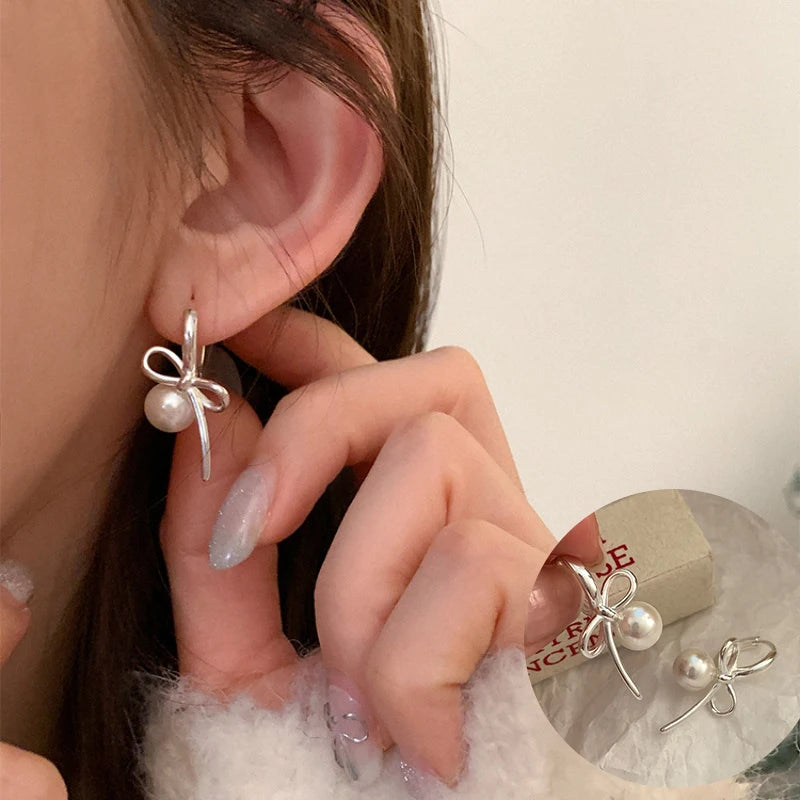 PANJBJ 925 Sterling Silver Bow Knot Earring for Women Texture Tassels Sweet Romantic alternate view