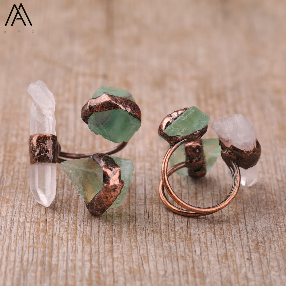 Irregular White Quartz Point Beads Bronze Handmade Rings Jewelry Women Natural Stone A close-up view