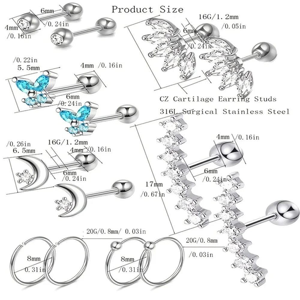 EVISPOL 2-14 Pcs Butterfly Moon Stainless Steel Stud Earrings, Hypoallergenic Hoop Ea alternate view