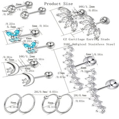 EVISPOL 2-14 Pcs Butterfly Moon Stainless Steel Stud Earrings, Hypoallergenic Hoop Ea alternate view
