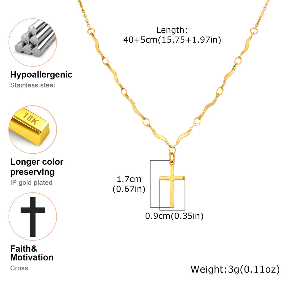 Minimalist Stainless Steel Cross Pendant Necklace, Non-fading Gold Plated Wave Chain lifestyle view