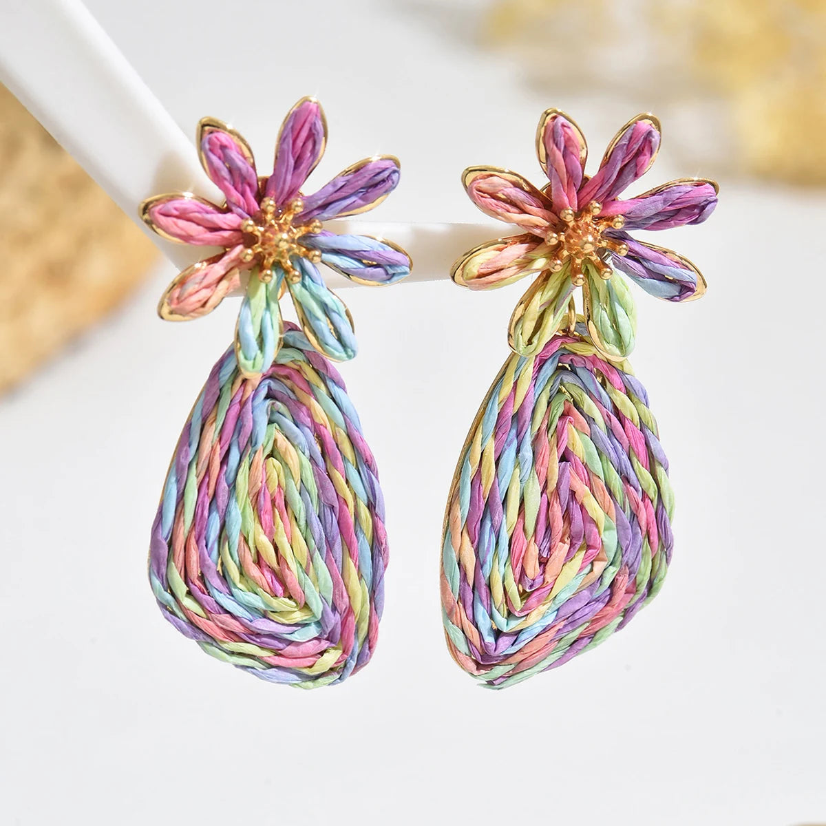 Bohemian Raffia Flower Drop Earrings | Handmade Summer Jewelry lifestyle view