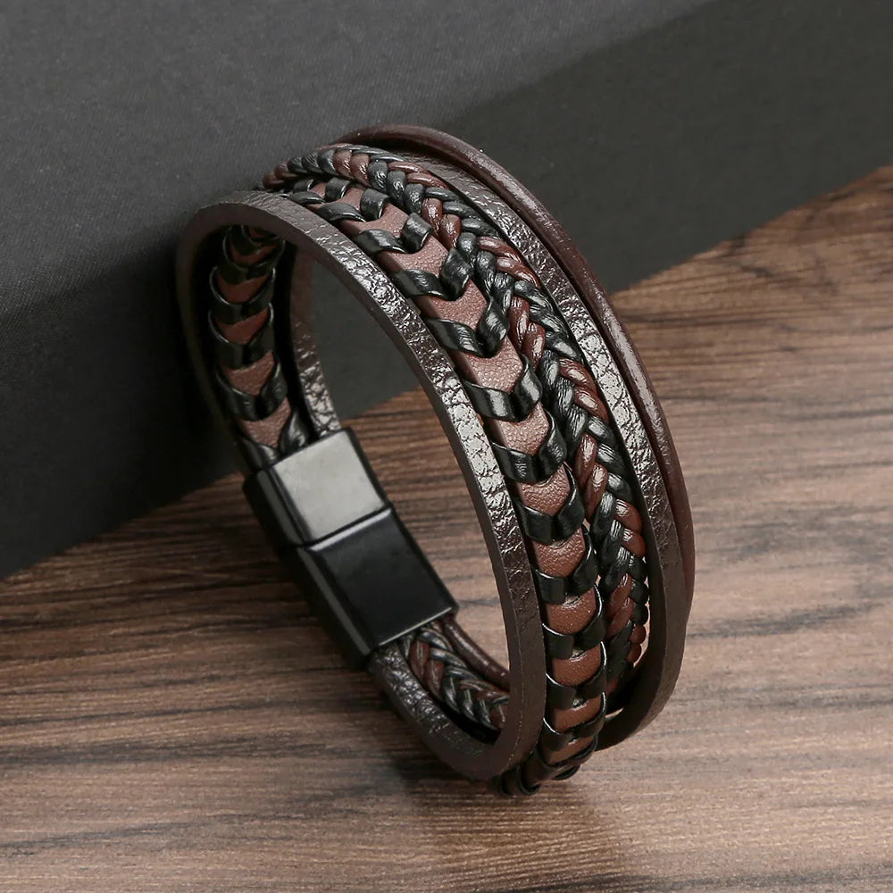 Multi Layer Braided Rope Bracelet for Men | Classic Handmade PU Leather Wristband wit alternate view