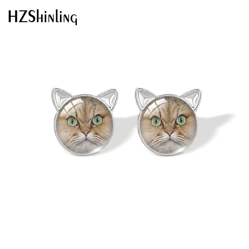 Lovely Cat Face Stud Earrings | Handmade Glass Dome Photo Printed Jewelry for Women detail view
