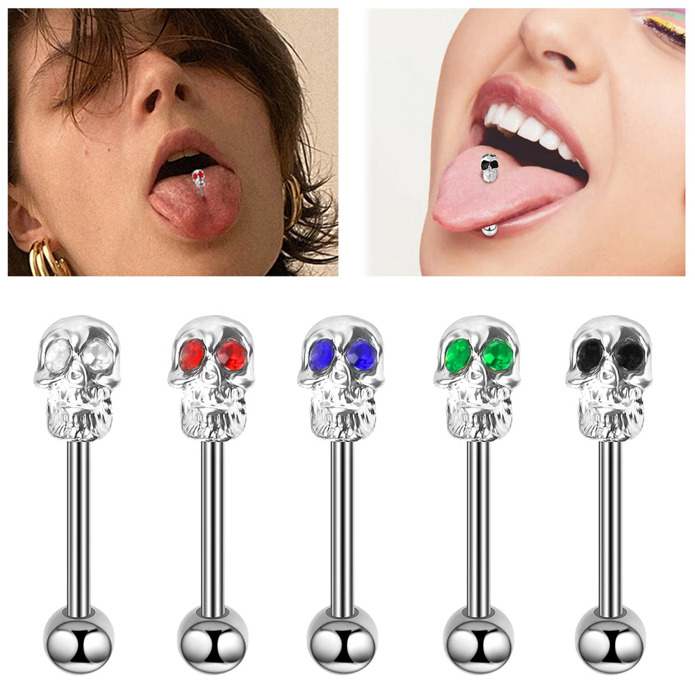 Tongue Rings Stainless Steel 316L, 5 Color Diamond Encrusted Skull Piercing Jewelry