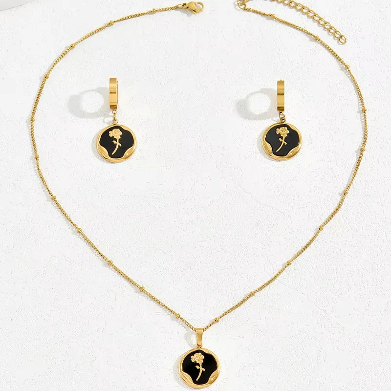 Fashion Gold Plated Jewelry Set - Black Enamel Rose Pendant Necklace and Earrings, Mi alternate view