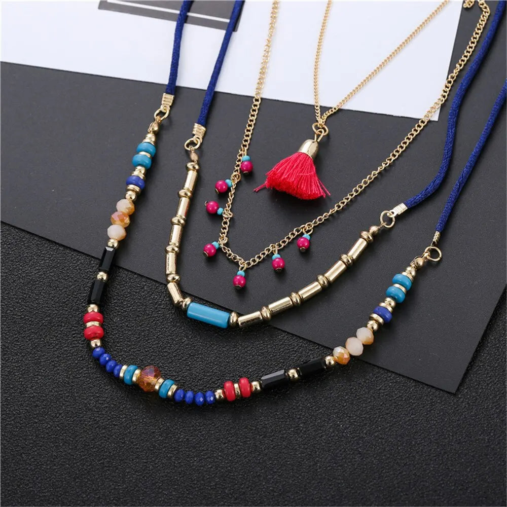 Bohemian Multilayer Handmade Colorful Beads Chain Pendant Necklaces For Women Girls additional angle