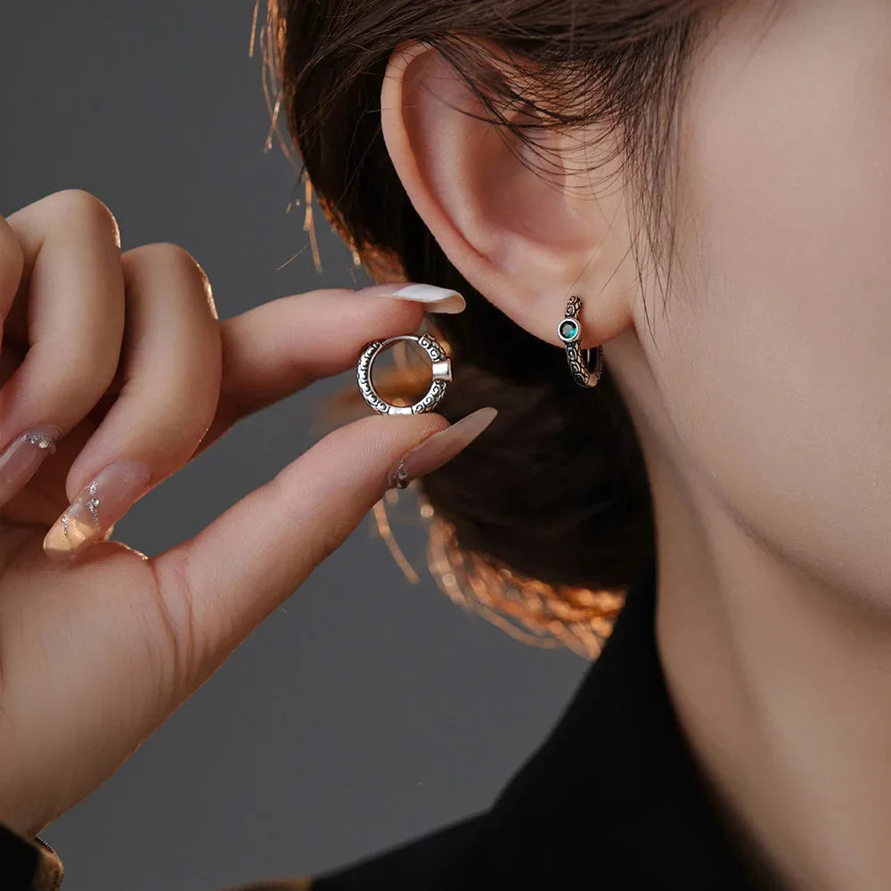 Unisex S925 Sterling Silver Vintage Thai Earrings with Green Zircon | Unique Jewelry lifestyle view