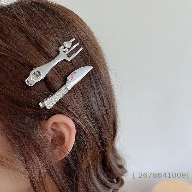⚑1/2Pcs Metal Silver Knife Fork Designs Hair Clip Color Rhinestones Hairpin Y2k Sweet Cool Girl Personality Hair Accessories