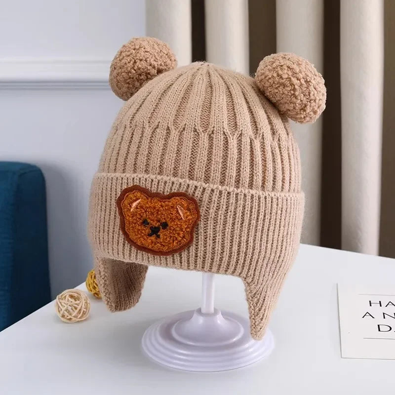 Baby Bear Ear Protection Hat | Winter Thickened Warm Knitted Hat for Children close-up view
