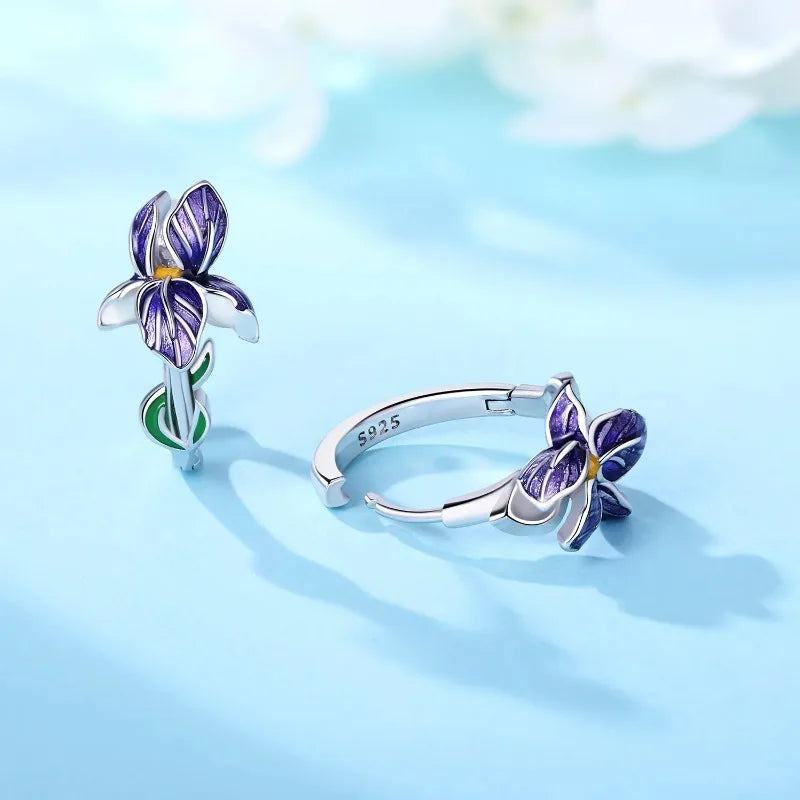 925 Sterling Silver Flower and Plant Series Purple Iris Earrings Exquisite Wedding Pa lifestyle view