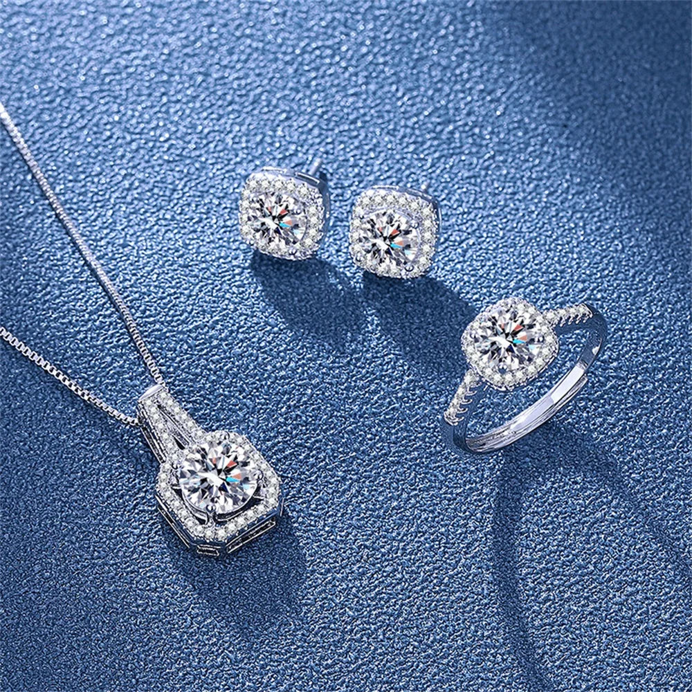 3pcs Set Necklaces Earrings Stud Ring CZ Stone Jewelry Set Silver Color Classic Women alternate view