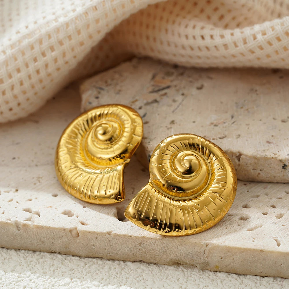 Vintage Gold Snail Shell Drop Earrings | CZ Zircon Beach Jewelry for Women close-up view