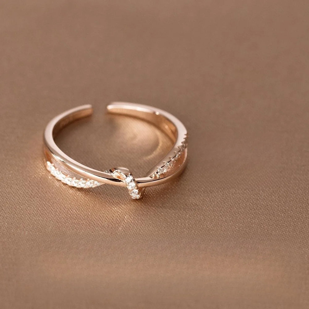 925 Sterling Silver Cross Knotting Zircon Ring | Women's Wedding Cocktail Jewelry close-up view