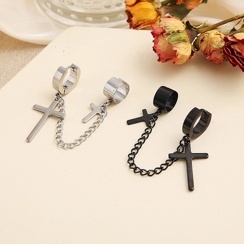 Punk Cross Pendant Clip Earring | Unisex Metal Chain Tassel Ear Cuff detail view