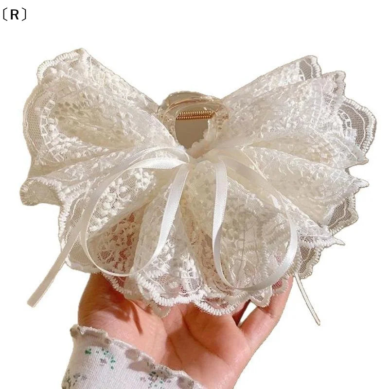 〔R〕Elegant White Ribbon Bow Hair Claws Fashion Fabric Hair Clip Crab For Girl Gift Hair Accessories Valentine Headwear