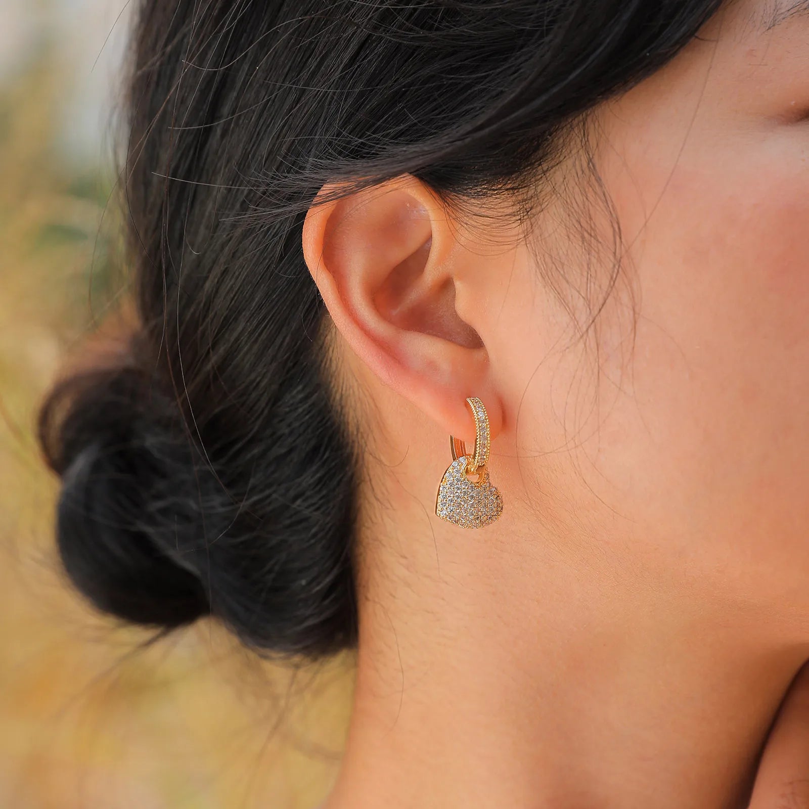 Trendy Gold Plated White CZ Stone Ear Jewelry Heart Huggie Hoop Earrings Dainty Drop lifestyle view