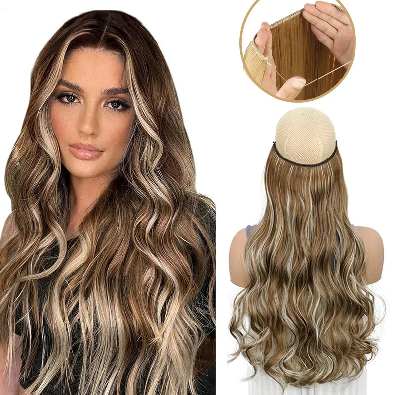 WIGSIN Synthetic One Piece No Clip Hair Extension 20Inch Long Curly Fish Line Fake Hair Piece for Wo