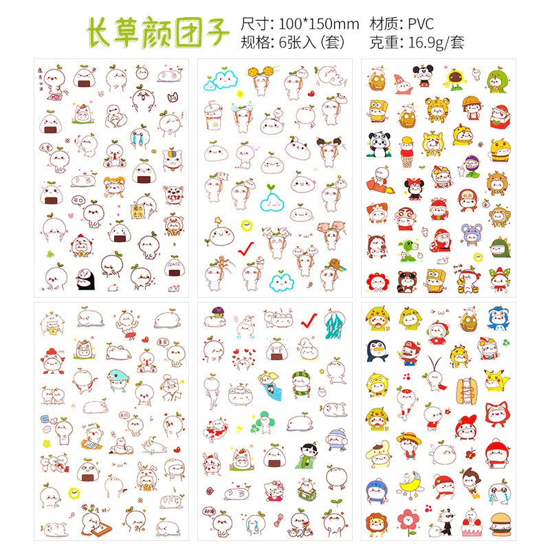 6Pcs Waterproof Cartoon Sticker Set | Cute DIY Decals for Laptops, Phones, and Planners detail view