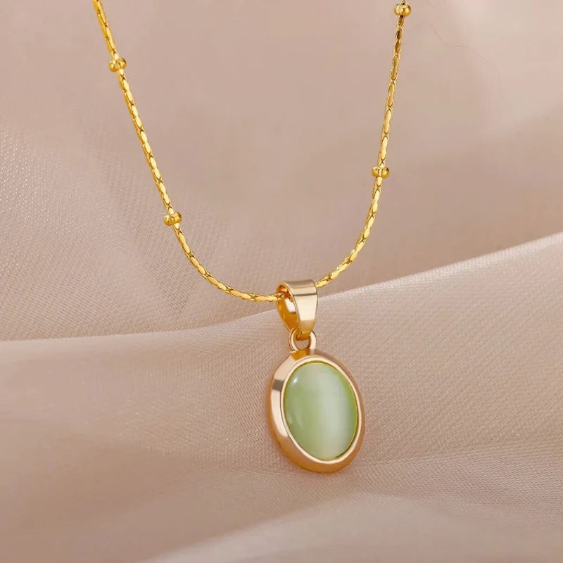 Fashion Stone Opal Oval Necklace For Women Stainless Steel Gold Color Oval Stone Pendant Necklace We