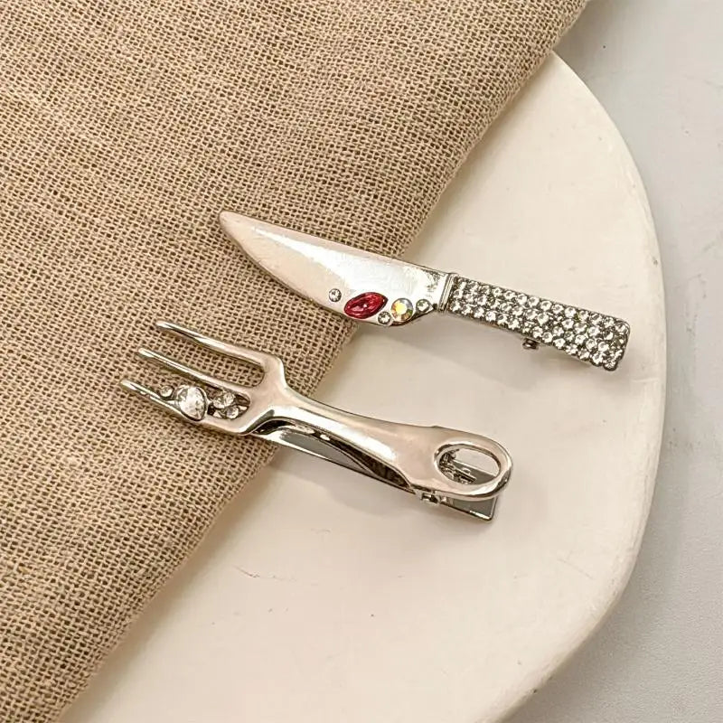⚑1/2Pcs Metal Silver Knife Fork Designs Hair Clip Color Rhinestones Hairpin Y2k Sweet Cool Girl Personality Hair Accessories