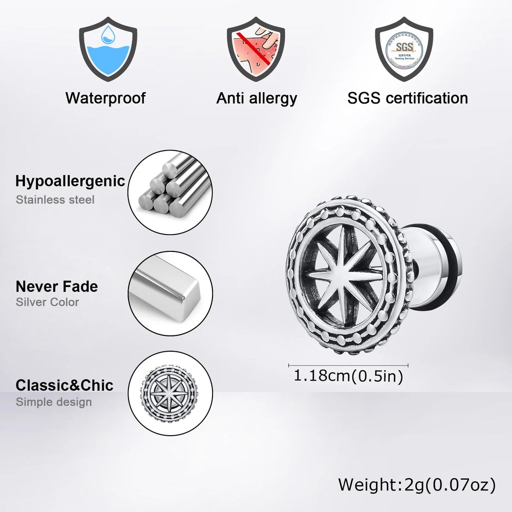 Vintage Men's Compass Stud Earrings | Stainless Steel Eight-Pointed Star Fashion Je additional angle