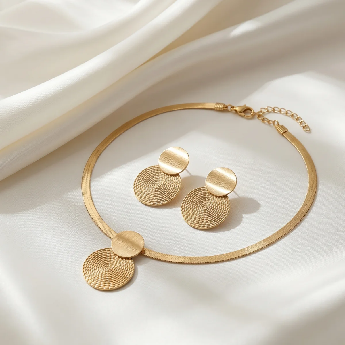 Minimalist Gold Color Herringbone Choker & Earring Set Brushed Textured Double Disc J lifestyle view